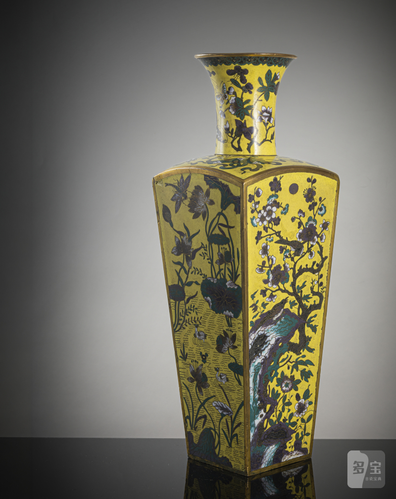 A rare 'Famille jaune' cloisonné vase after a Kangxi model in cloisonné, partially fire-gilt